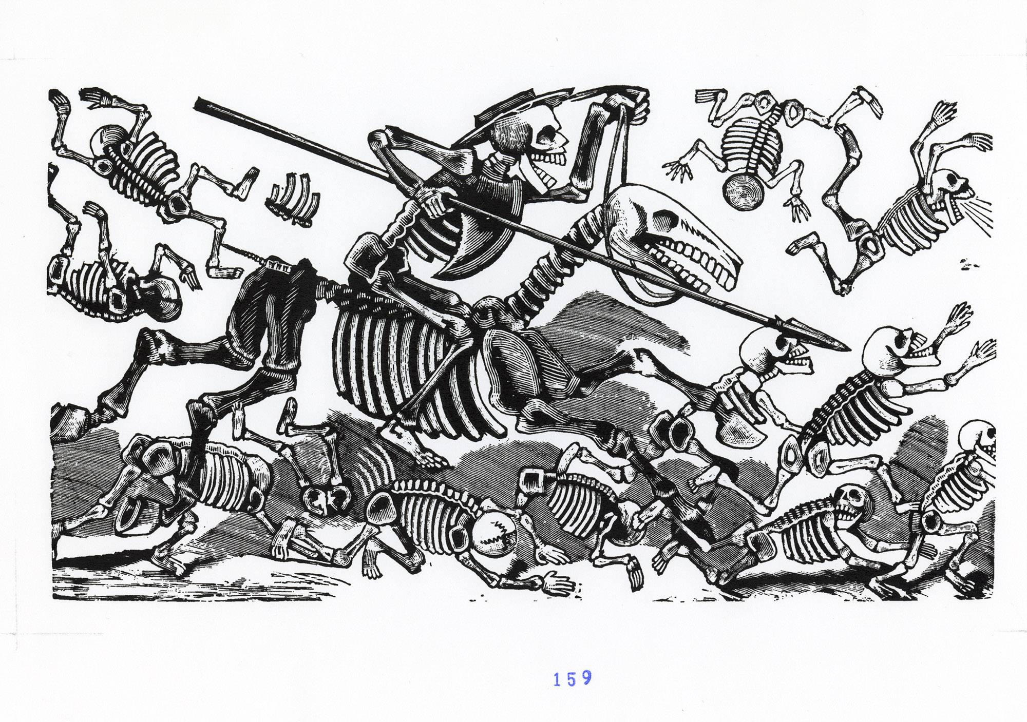 a skeleton wearing a hat and holding a spear riding a horse skeleton, surrounded by tons of little skeletons running on their hands and feet, some are being trampled by the horse